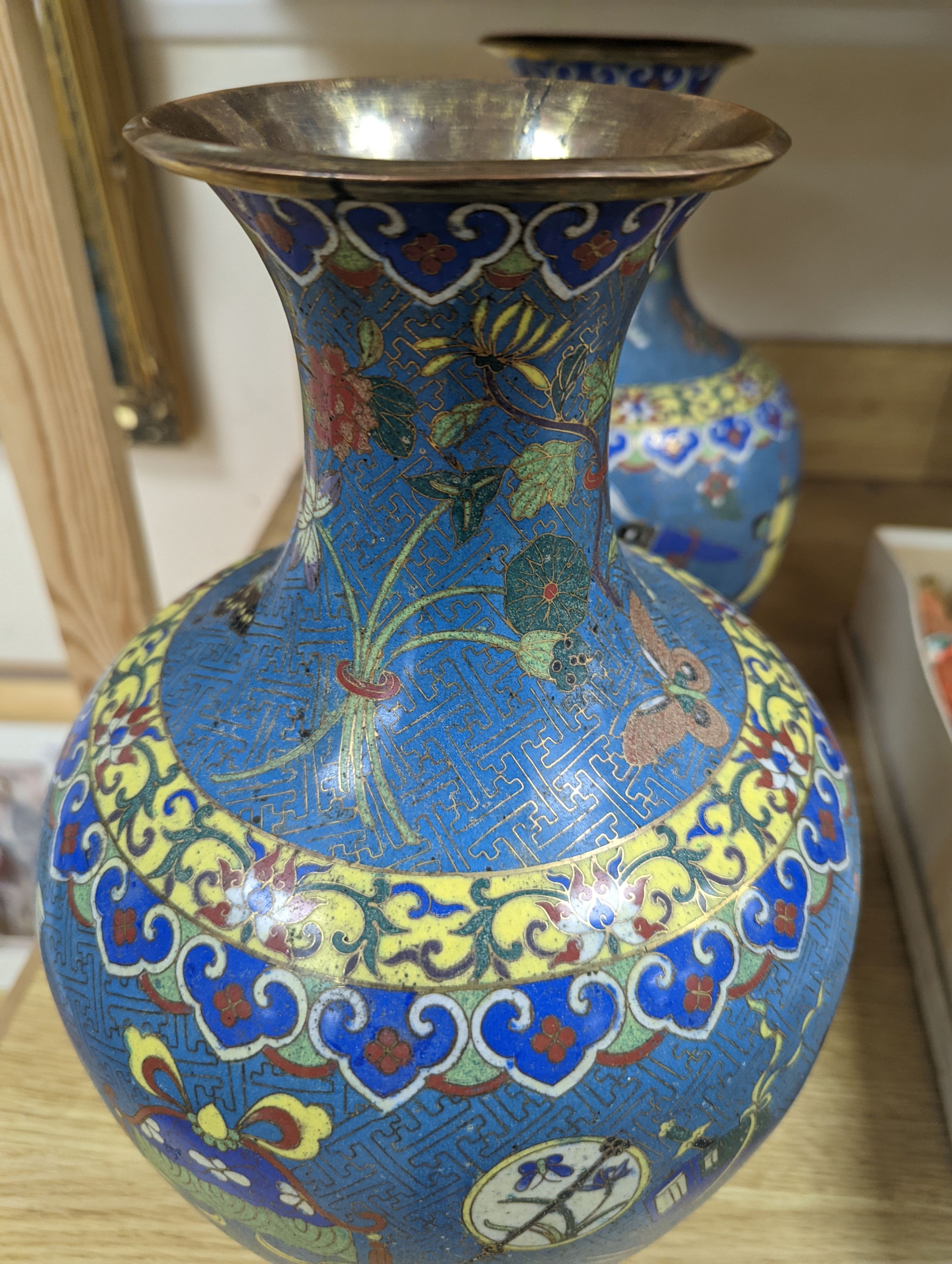 A pair of late 19th/early 20th century Chinese cloisonné enamel ‘Buddhist emblems’ vases 36cm